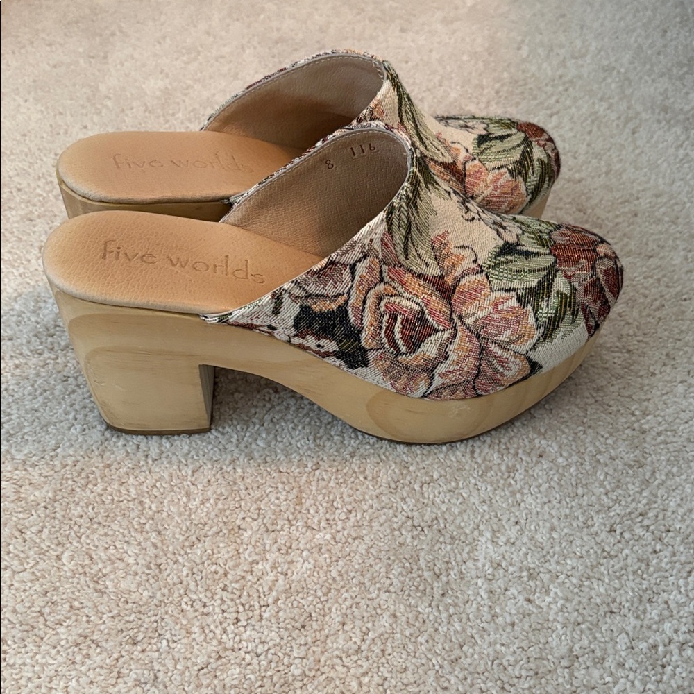 Tapestry floral heeled mules/clogs from Five Worlds at Anthropologie
